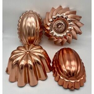 Lot of 4 Vintage Copper Tin Lined Hanging Fruit Molds Swirl, Starburst, Oval